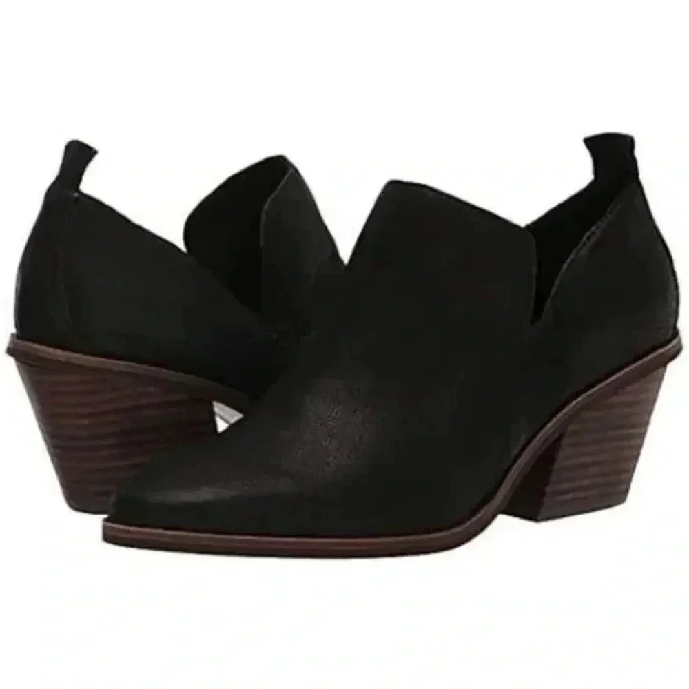 Lucky Brand Sauci Almond Toe Block Heel Leather Ankle Booties Black sz 7m